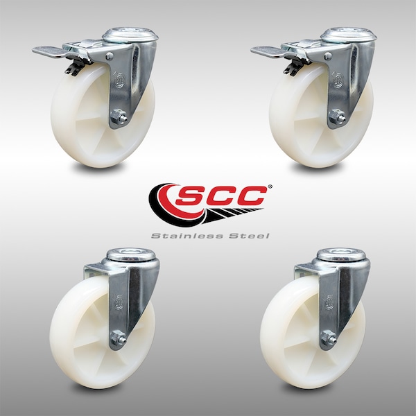 5 Inch SS Nylon Wheel Swivel Bolt Hole Caster Set with 2 Total Lock Brakes SCC